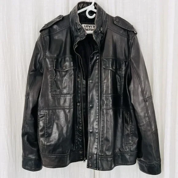 Authentic Levi's Espresso Brown Polyvinyl Thick Rugged Moto Jacket Mens XL Biker